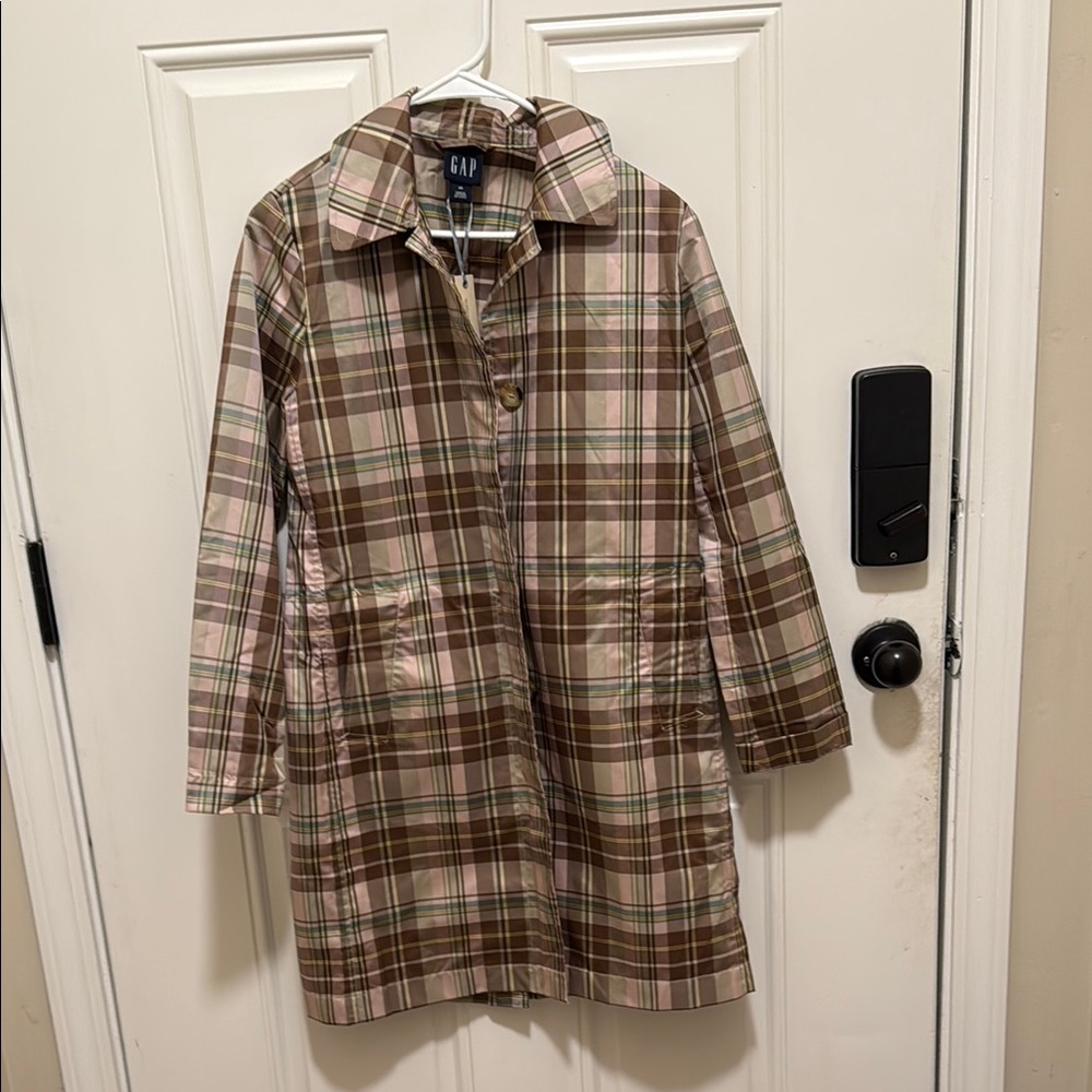 GAP Women's Trench Coat - Brown and Pink Plaid